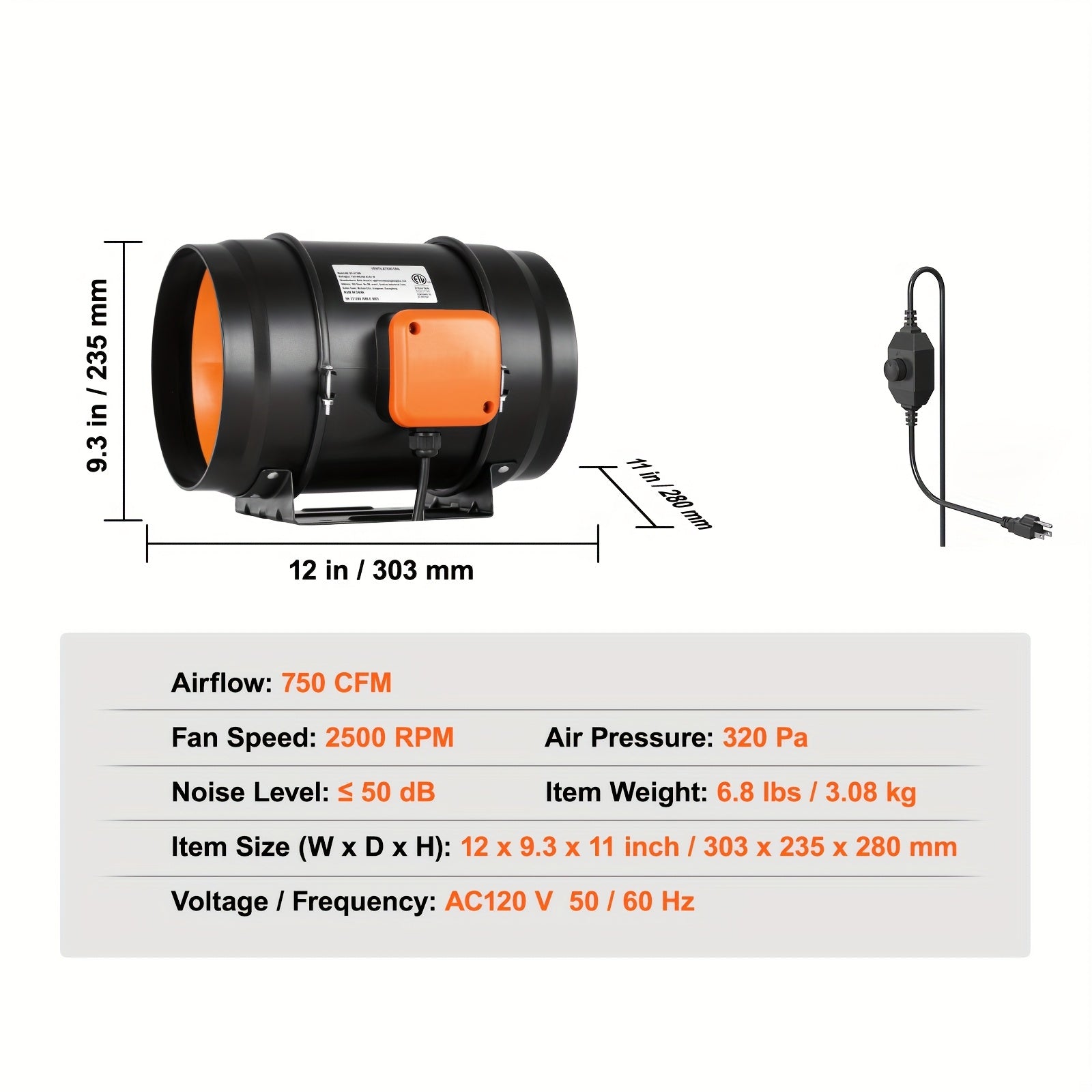 VEVOR 6"/8" Inline Duct Fan, HVAC Exhaust Blower Kit with AC Variable Speed Control