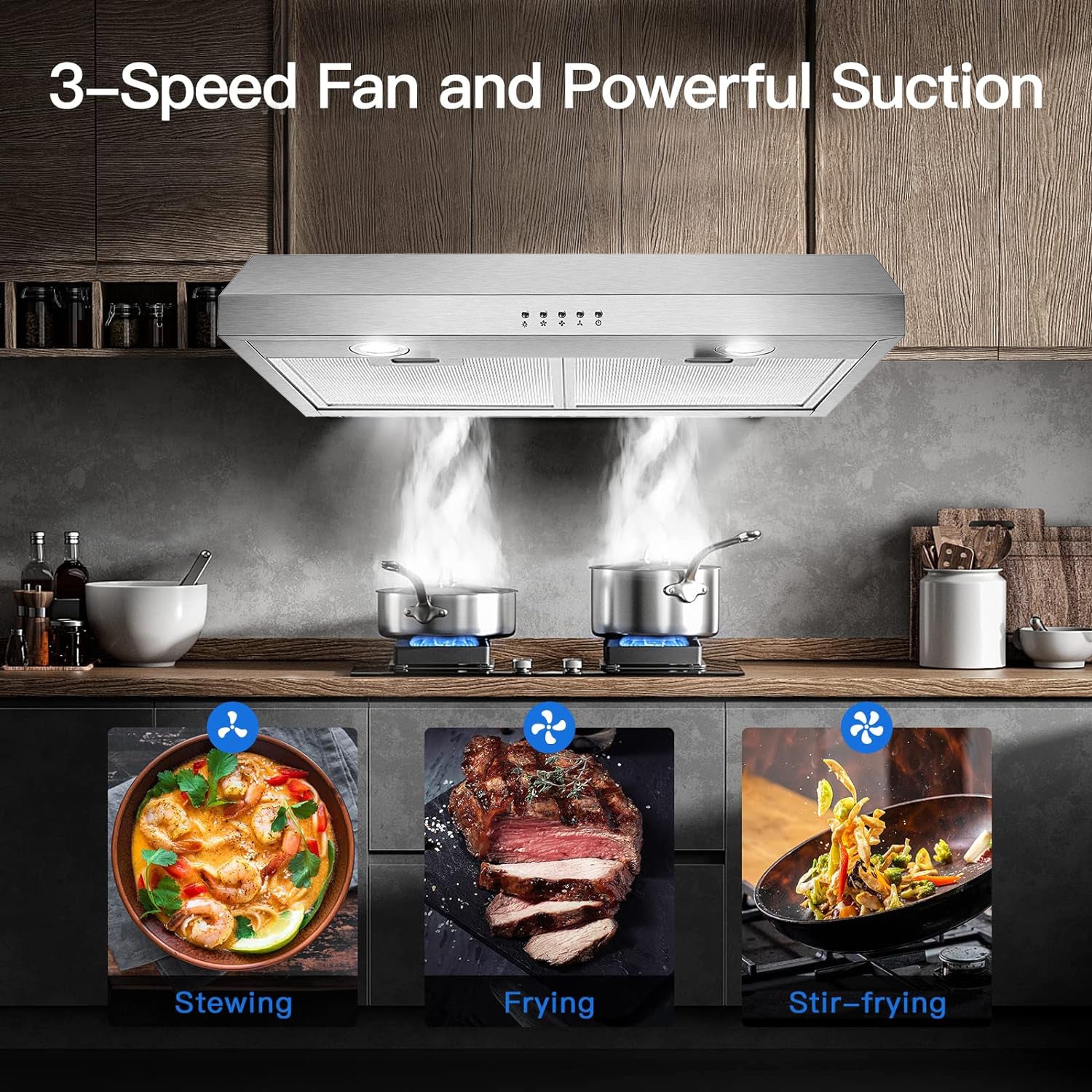 30-Inch Under-Cabinet Range Hood, Silver Stainless Steel Kitchen Vent Hood, 600CFM Stove Exhaust Fan, 3-Speed Fan, 2 Bright LED Lights