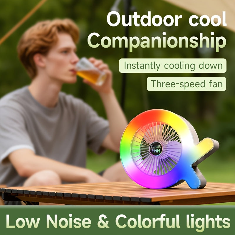 Portable Colorful Ambient Light Desktop Fan | 3 Speed Adjustment | Low Noise Silent Motor | USB Rechargeable | Mini Desk Fan for Bedroom Office | Summer Cooling Essential