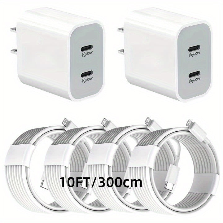 Fast Charger for Iphone 17/16/15 Pro Max, Featuring a 20+20W Dual USB-C Quick Wall Charger, Two 6Ft/180Cm Long Type-C Cables, And a Foldable Double Port USB C Fast Charging Option for Iphone 15/16/17/Ipad, Plus a Complimentary Car Charger