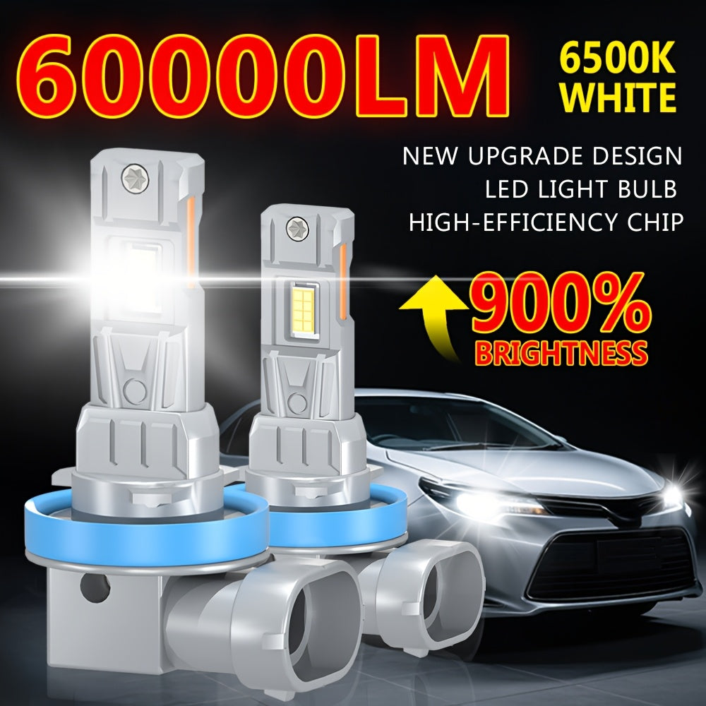 升级款H1 9005 9006 LED灯泡2个装，超亮迷你尺寸60000LM，12V 6500K白色带风扇，适用于汽车大灯、LED大灯和雾灯，易于安装，不含电池