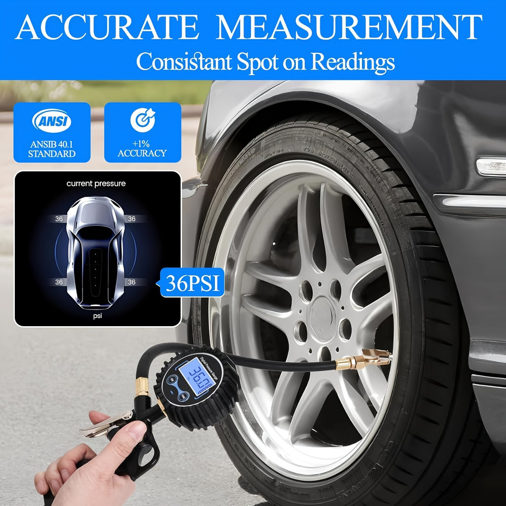 Digital Tire Pressure Gauge, 250 PSI (Heavy Duty with Quick Connect Coupler), 0.1 Display Resolution, Air Compressor Accessory, Tire Pressure Gauge, Car Accessory, Suitable for Cars, SUVs, Buses, Trucks, Bicycles and Motorcycles