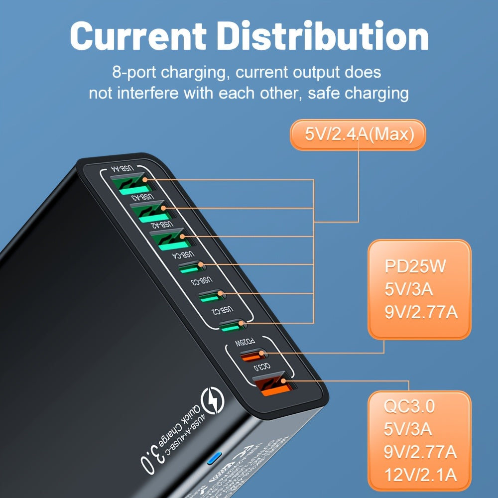 8-Port PD+QC 3.0 Fast Charger Set with Usb/Type-C, Including a Type-C to Type-C Cable. This High-Performance Charging Station Is a Reliable Power Adapter for Home Users And Workspace Additions