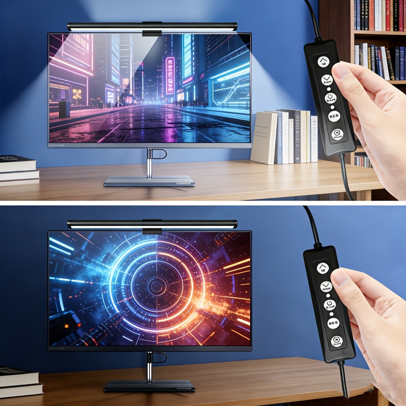 15.57-inch RGB dual-sided screen light, USB screen ambiance light, lighting tube, desk lamp, three-color adjustable, RGB幻彩, five-button USB wired control, 45-degree adjustable angle, eye-protection light, reading light, cool lighting modes