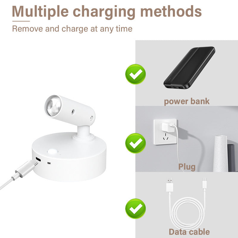 2026 new rechargeable magnetic LED spotlight, suitable for indoor environments, USB charging, adjustable three-color lighting, 350° rotation, battery-powered luminaire, touch wall light, suitable for bedrooms, bedside