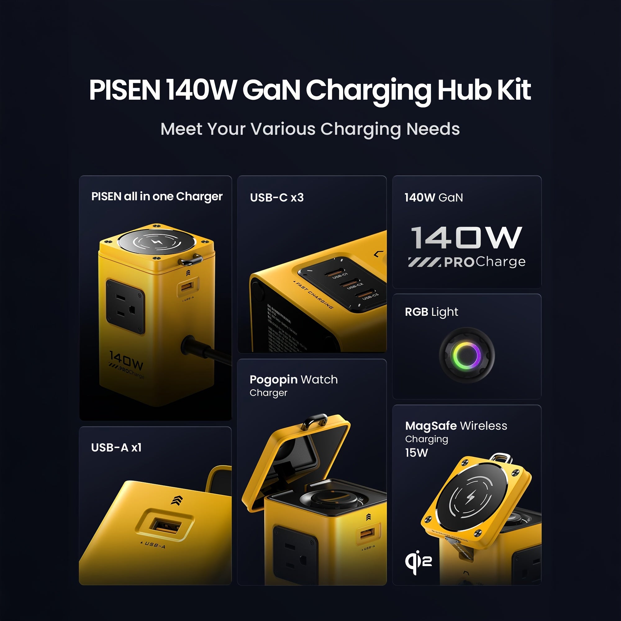 PISEN 8-in-1 Magnetic Wireless Charging Station Compatible for iPhone 17/16/15/14/13/12, Hub with Qi2 Fast Charger, 140W Power Adapter, Breathing & System, USB-C Cable & Magnetic Ring Included, Travel-Friendly (8-Device)