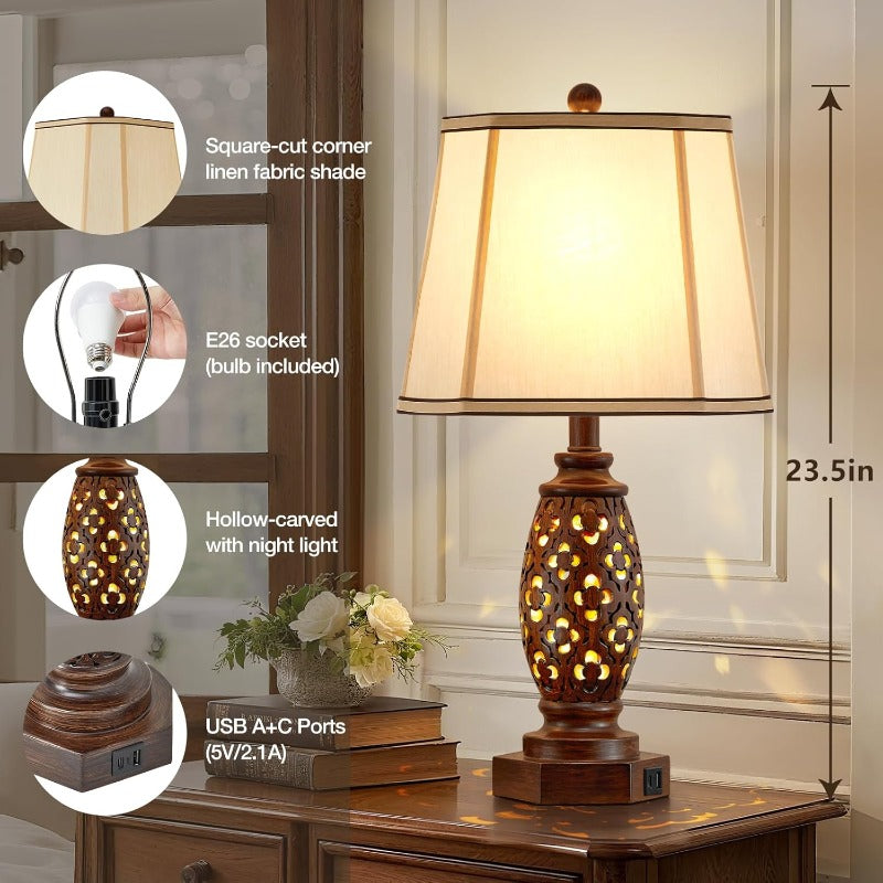 Bedside lamp set (2-pack) - 23.5-inch vintage table lamp, equipped with USB A+C ports and night light function - brown carved resin farmhouse style desk lamp, suitable for bedroom, side table and living room, bulbs included