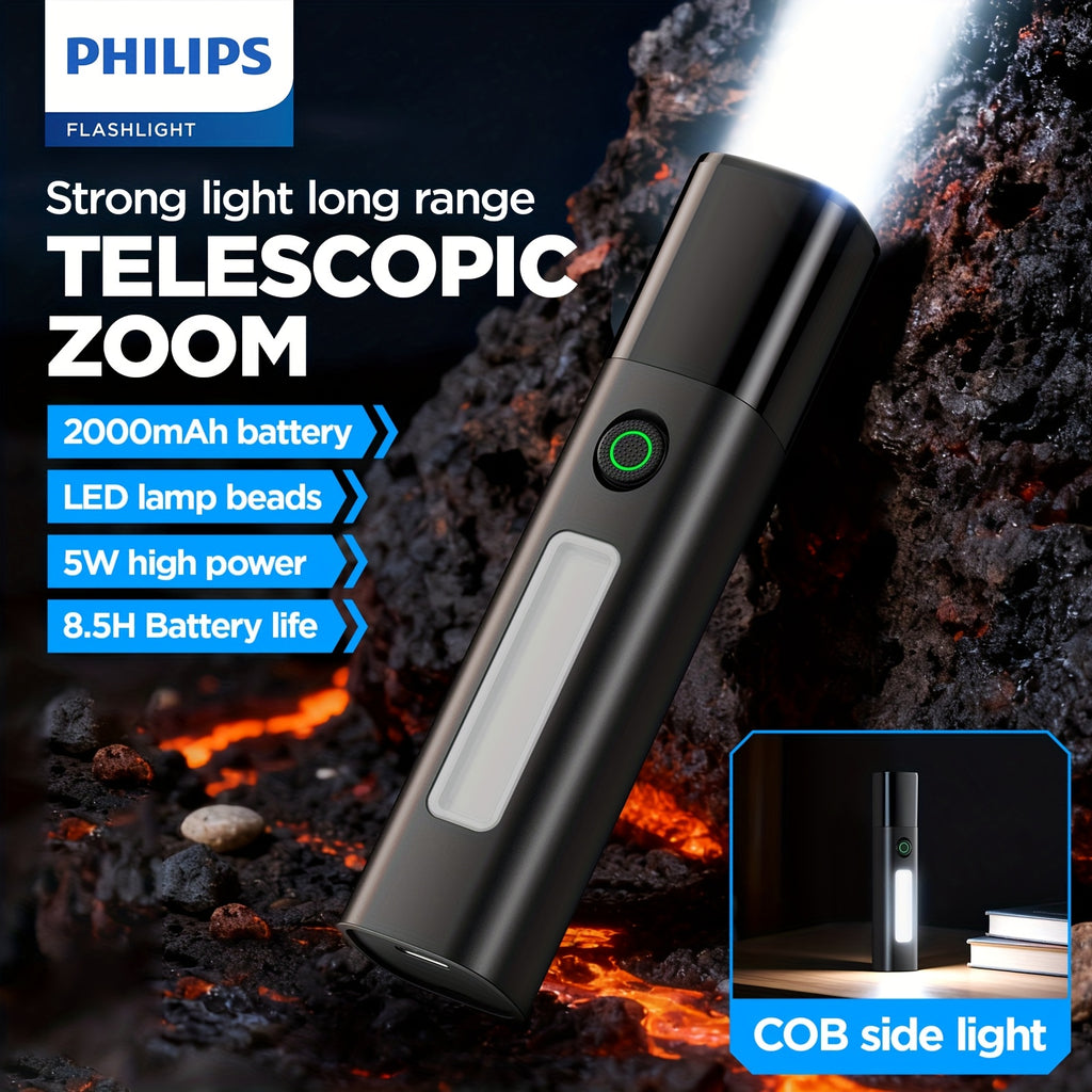 Philips Rechargeable High-Lumen Flashlight with COB Sidelight / Adjustable Beam Focus / Compact & Portable Design / Extended Battery Life / Ideal for Home Emergencies, Outdoor Camping & Adventures