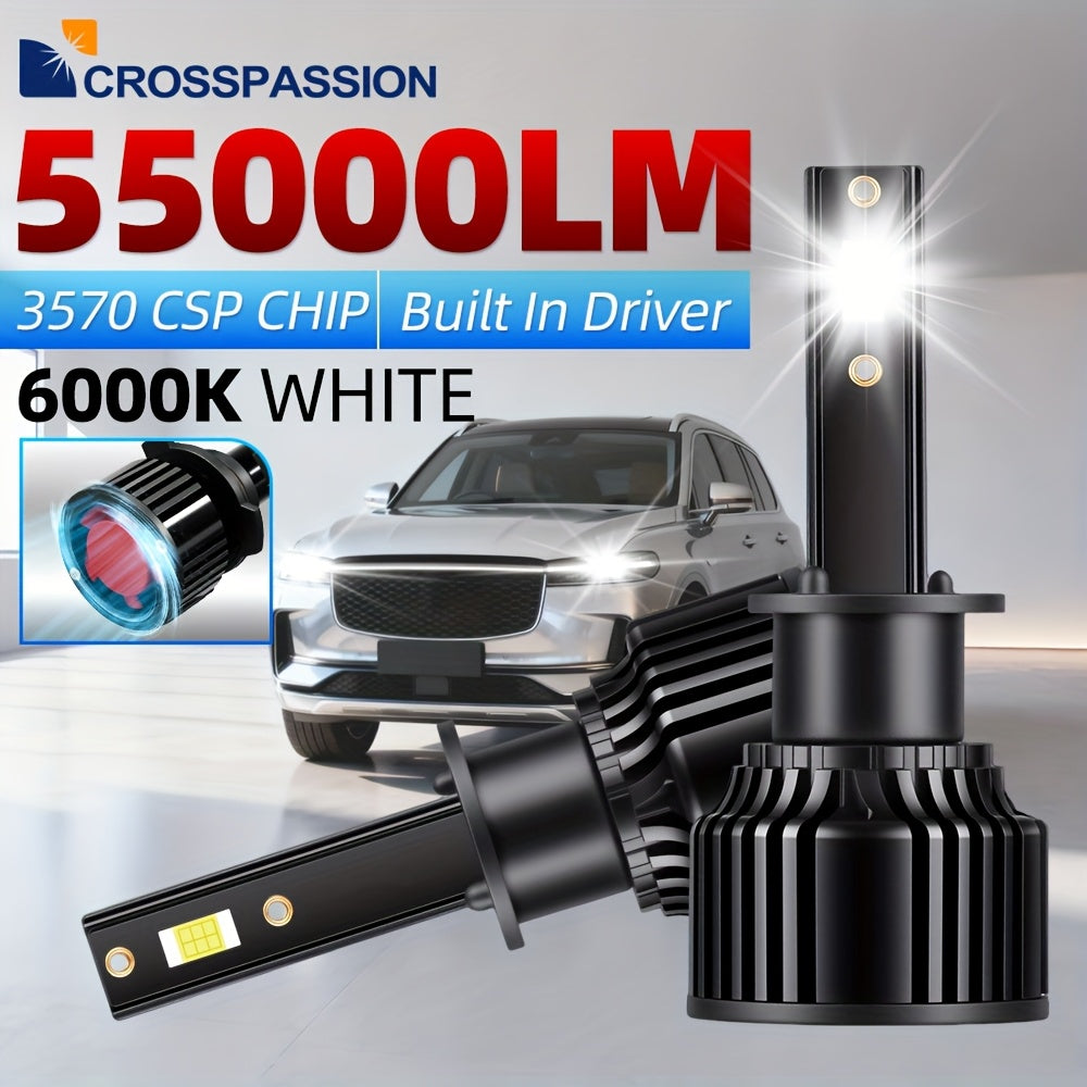 CROSSPASSION 55000 Lumens LED Headlights, Compatible with 9005 HB3 9006 HB4 H1 H4 H7 H11 H13 9007 High/Low Beam Bulbs, 3570 CSP Chip, 6000K White Light, Built-in Driver Plug-and-Play, 2-Pack