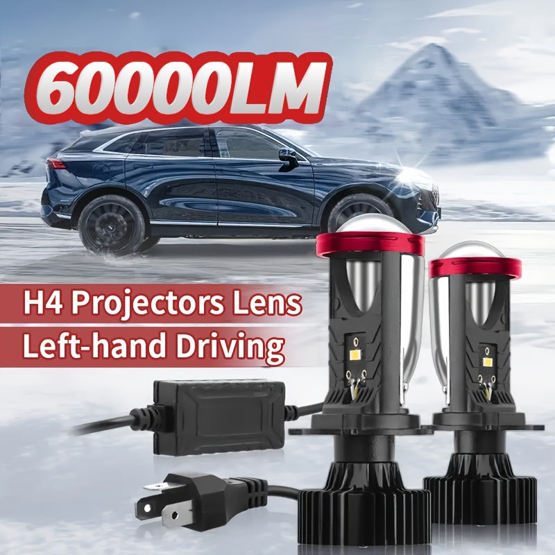 2 H4 High/Low Integrated Headlight Bulbs, 60,000 Lumens 420W 3570 CSP Chip New LED Projector Lens, 6000K White Light Super Bright Source, Suitable for Motor Vehicles, Left-Hand Drive, 12-24V, No Battery Needed