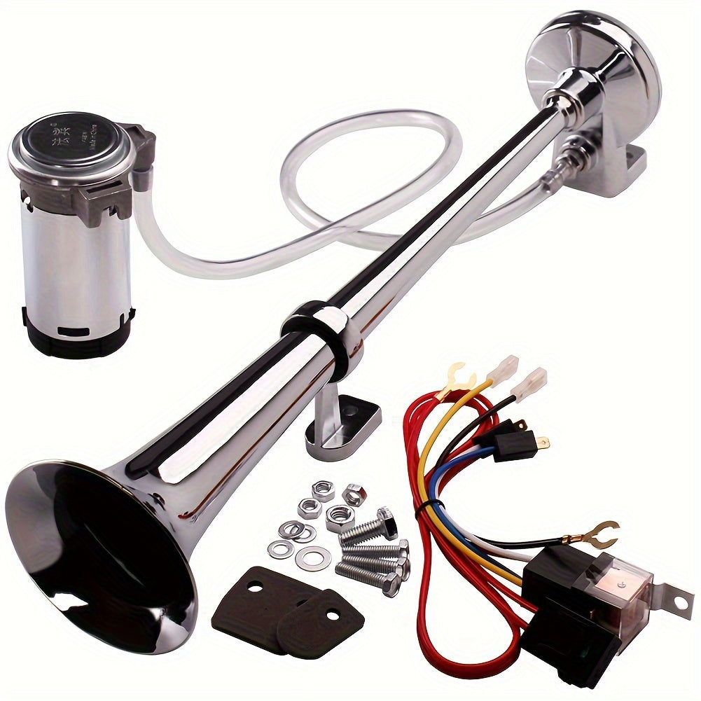 ALLREY 12V Air Horn Kit, Super Loud 18 Inch Single Horn Truck Horn, Train Horn with Compressor, Fits Any 12V Vehicle, Silver Black Button