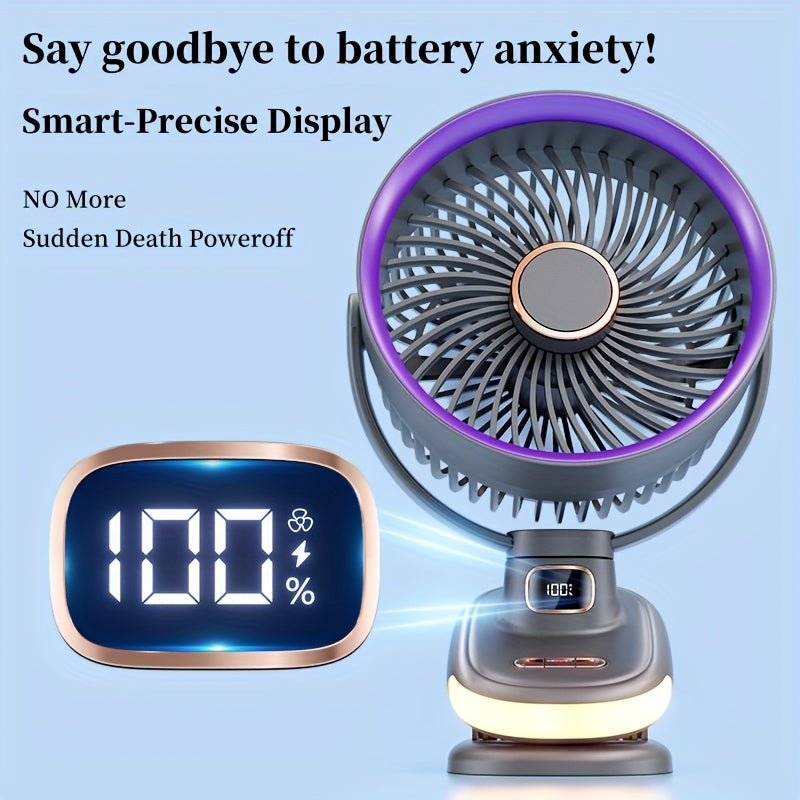 New Silent Clip-on Fan with Night Light, 5 Speed Levels, Dual Lithium Batteries for Ultra-Long Runtime, Standable/Clipable/Hangable, Bi-Directional Rotation, Timer & LED Display, Clip-on/Wall-Mounted/Desktop Air Circulator