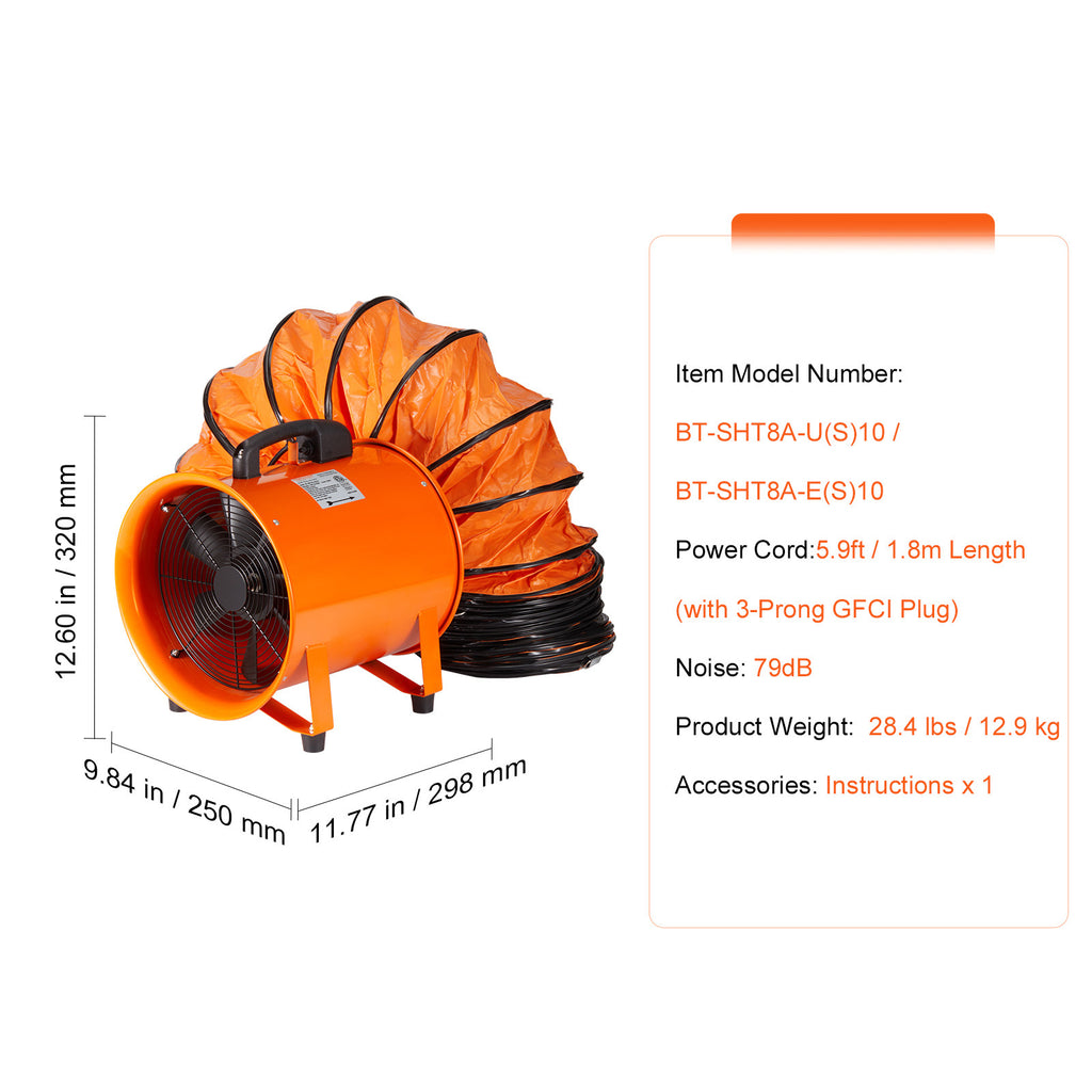 VEVOR 8 Inch Heavy Duty Cylinder Fan with 16.4ft / 33ft Duct Hose, 195W Powerful Shop Exhaust Fan 1070CFM, Industrial Utility Fan for Dust, Fume and Smoke Ventilation at Home & Workplace
