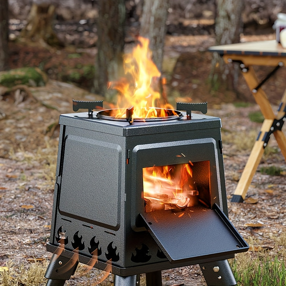Portable Folding Fire Pit Stove - Compact Camping Fireplace with Wood Box Opening, Ash Tray & Stable Legs - Heavy-Duty Carbon Steel Outdoor Stove, Ideal for Camping, Backyard, Picnic, Beach