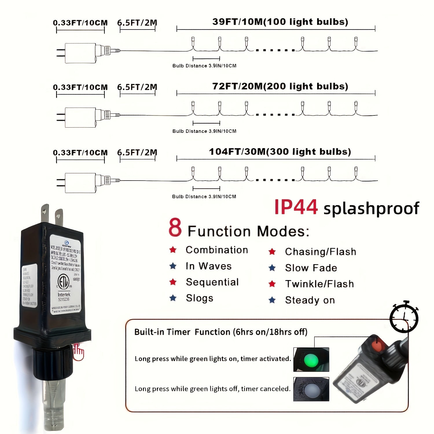 39/72/104英尺户外圣诞灯，带100/200/300个LED灯珠，用于装饰圣诞树，具有8种模式和定时器记忆功能，透明线LED灯，适用于情人节、圣诞节、婚礼、派对
