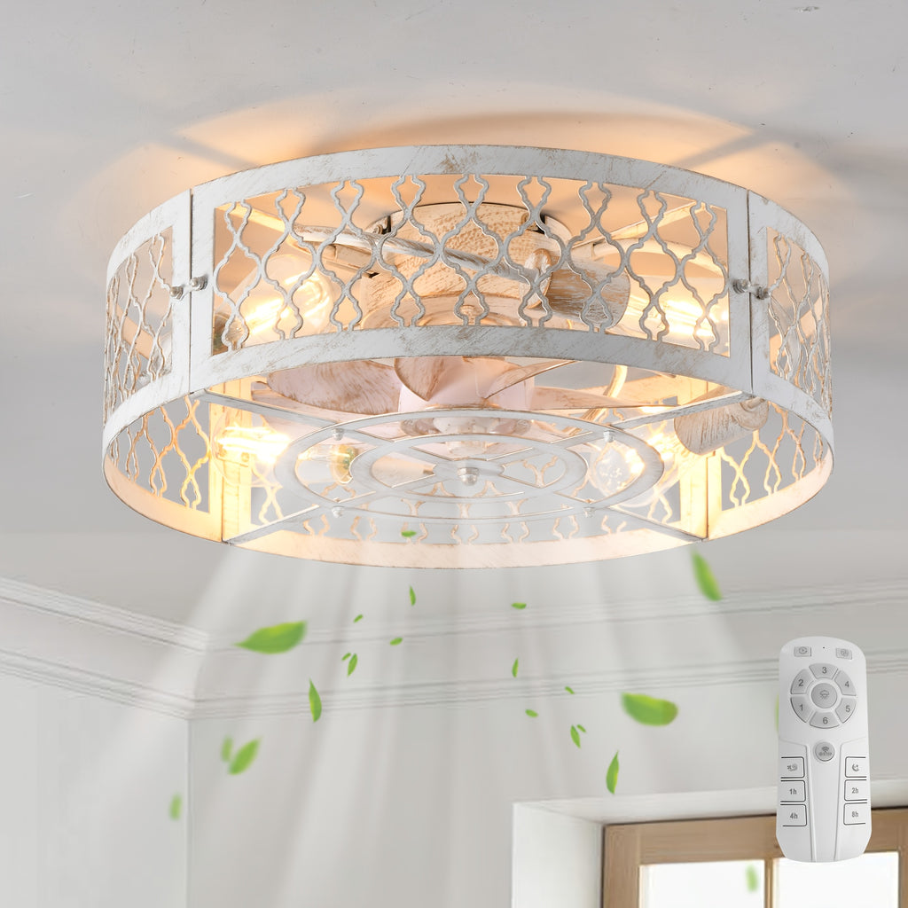 Qcyuui 20 Inch Ceiling Fan with Light - Remote Control, Leaf Design, Farmhouse Style, White and Gold Finish, Semi-Flush Mount, Polished Metal Shade, Infrared Sensor, 110V, Ideal for Bedroom & Dining Room
