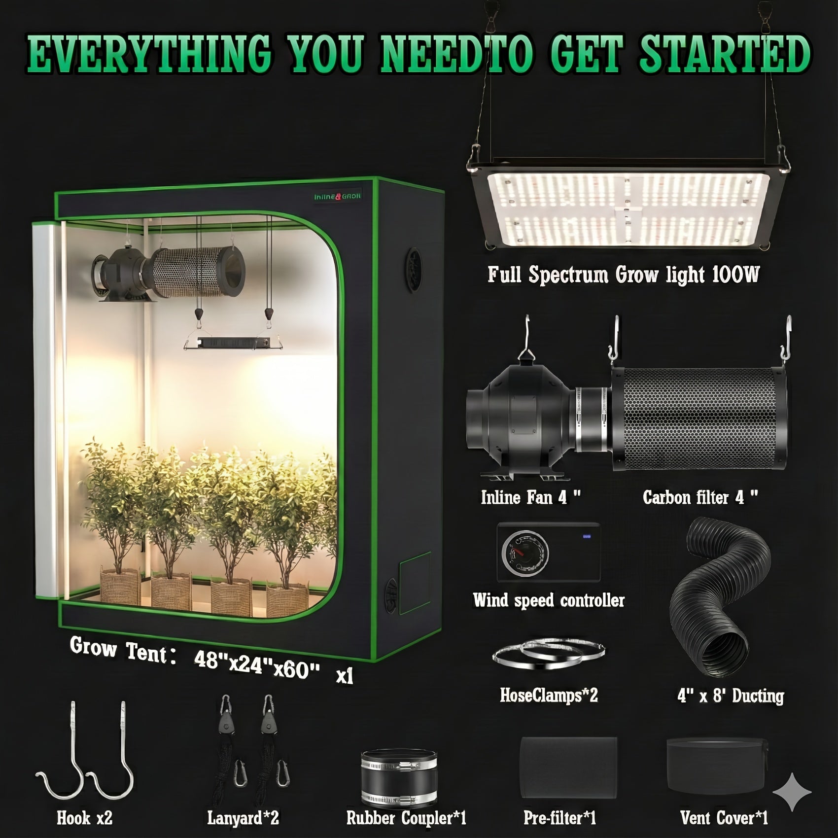 1800D Material 48x24x60 Inch (≈4x2 Ft) Hydroponic Grow Tent, Optional Accessory Kit: 100W Dimmable LED Light, 8ft Ducting, 4"/6" Vents, Optional Standard Independent Fan & Filter Combo or New Integrated Fan-Filter Unit