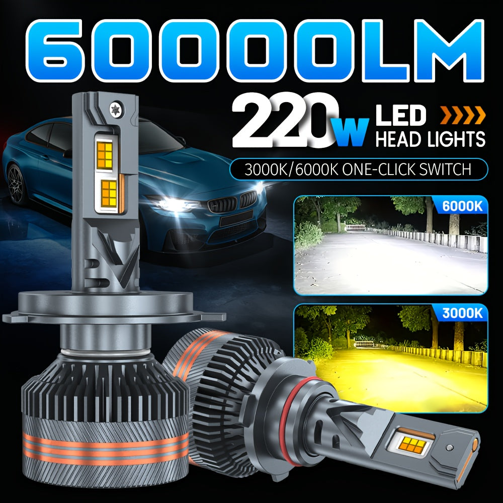 Set of 2 H7 LED Headlights, Compatible with 9005/HB3, 9006/HB4, 9012, H11, H4 and H1 Bulbs, Available in 6000K White and 3000K Yellow Dual Colors, with One-Key Switch, High Brightness CSP Chip, No Battery Included