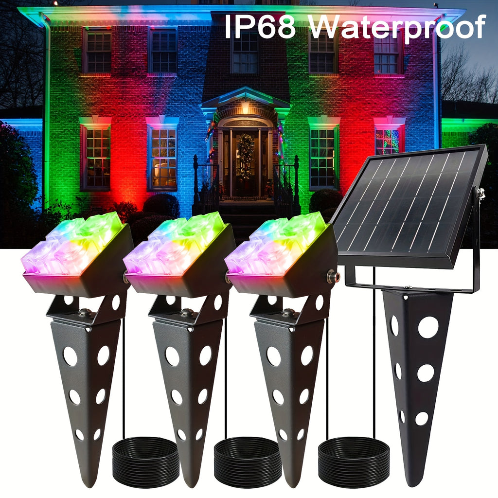 1pc color-changing solar light outdoor IP68 waterproof RGB landscape spotlight, 3-in-1 metal waterproof automatic switch dusk-to-dawn decorative light, outdoor spotlight suitable for houses, trees, gardens, courtyards