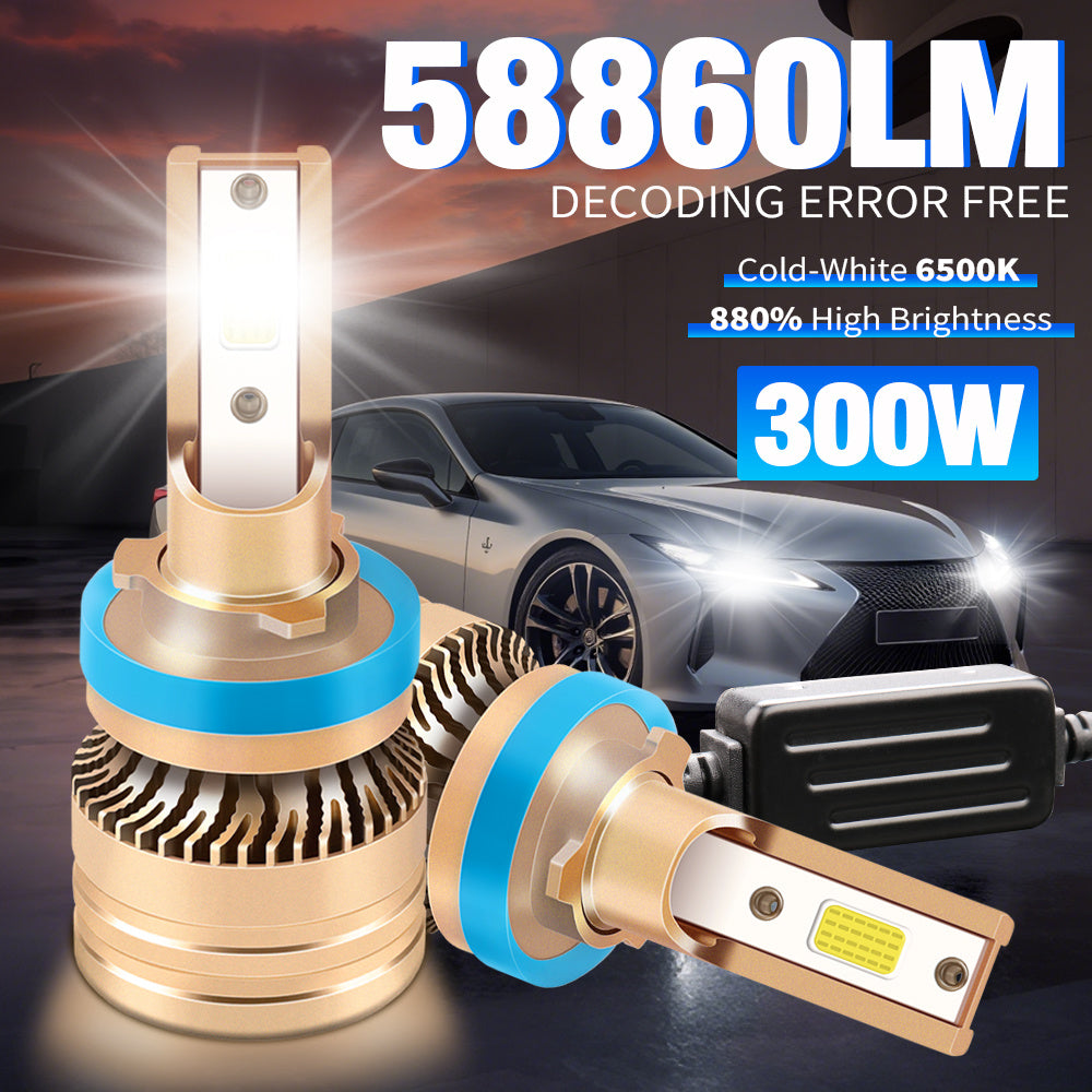 2-Pack H1 H7 H11 9005 9006 H4 LED Car Bulbs Canbus Vehicle LED Light High/Low Beam Fog Light 58860 Lumens 300W Ultra-Bright CSP Chip Anti-Glare Technology 800% High Brightness Easy Installation Cool White 6500K