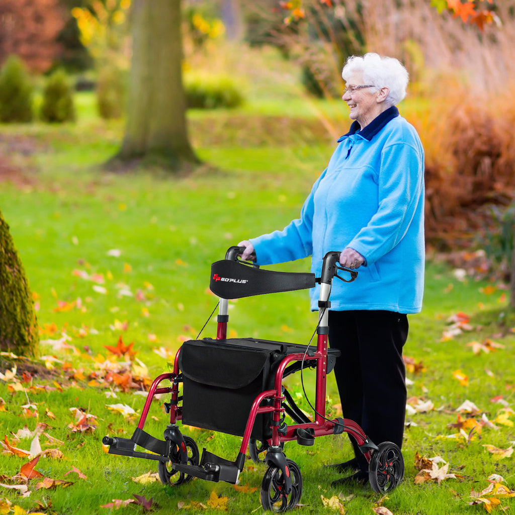 COSTWAY 多功能 2 合 1 滑轮助行器，铝制助行器助手，6 级可调高度，可折叠脚踏板，拐杖/伞架，可翻转靠背，折叠助行器，适合老年人和成人