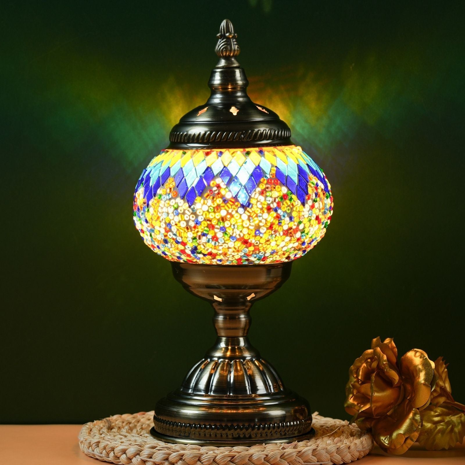 Three-color adjustable handmade Moroccan mosaic table lamp - unique artistic metal base glass bedside night light, bulb included, suitable for bedroom, living room decoration