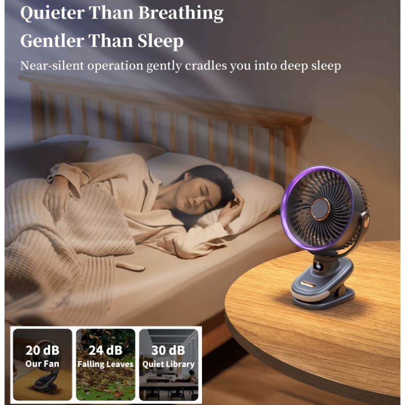 New Silent Clip-on Fan with Night Light, 5 Speed Levels, Dual Lithium Batteries for Ultra-Long Runtime, Standable/Clipable/Hangable, Bi-Directional Rotation, Timer & LED Display, Clip-on/Wall-Mounted/Desktop Air Circulator