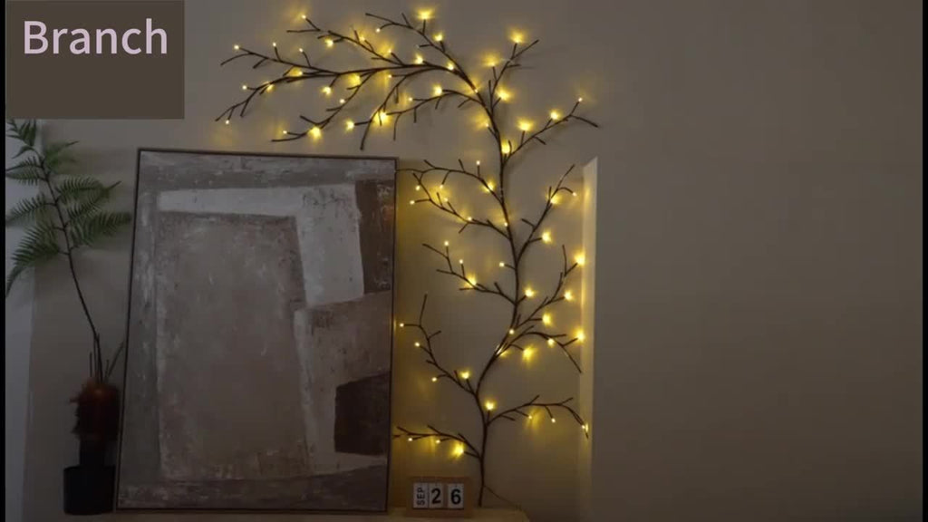 AMill USB 电源 96 个 LED 柳藤壁灯 - 暖白色，70.9 英寸人造植物枝条照明，适合舒适的客厅和卧室装饰，非常适合圣诞节壁炉架或节日墙面点缀、节日墙面装饰|节庆氛围|暖白光，客厅灯，最适合圣诞节