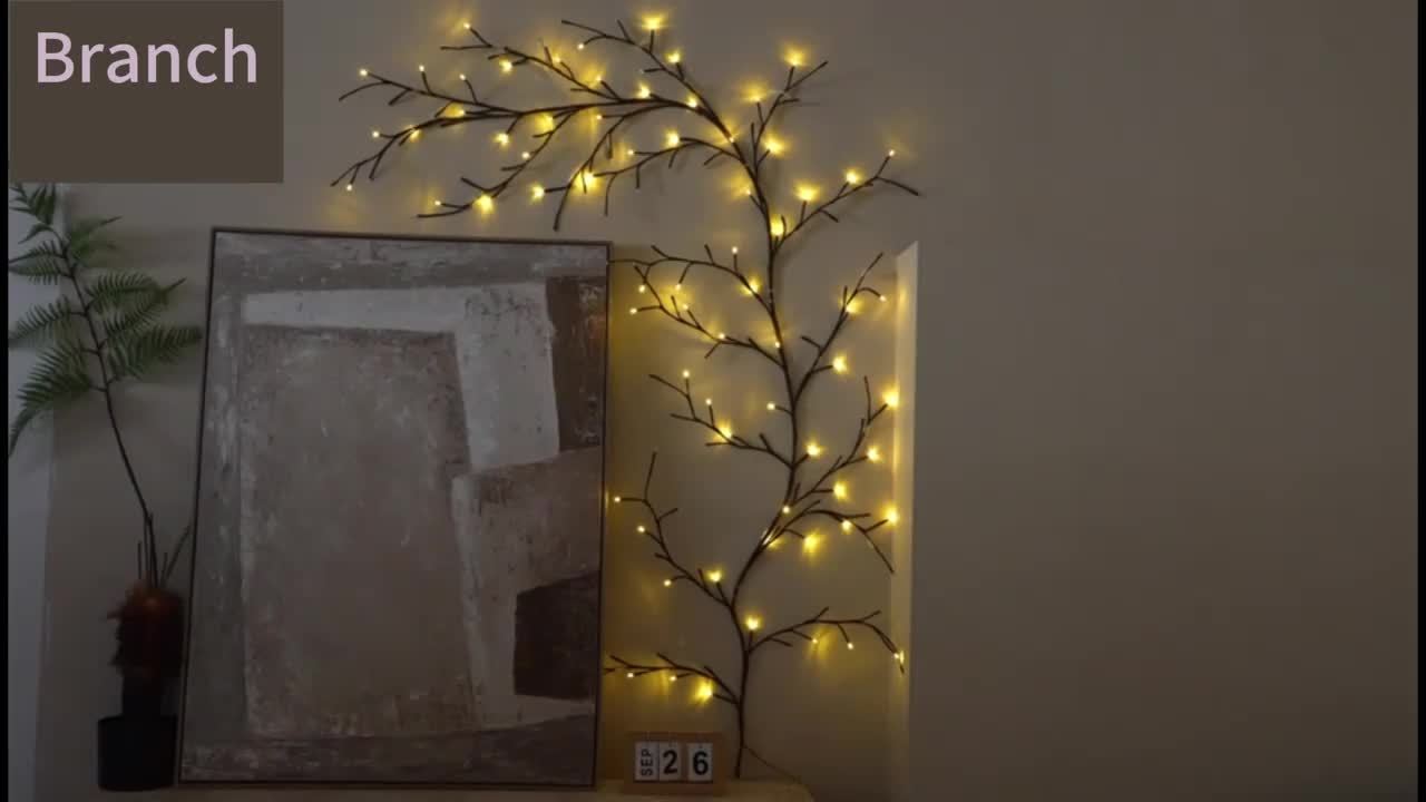 AMill USB 电源 96 个 LED 柳藤壁灯 - 暖白色，70.9 英寸人造植物枝条照明，适合舒适的客厅和卧室装饰，非常适合圣诞节壁炉架或节日墙面点缀、节日墙面装饰|节庆氛围|暖白光，客厅灯，最适合圣诞节