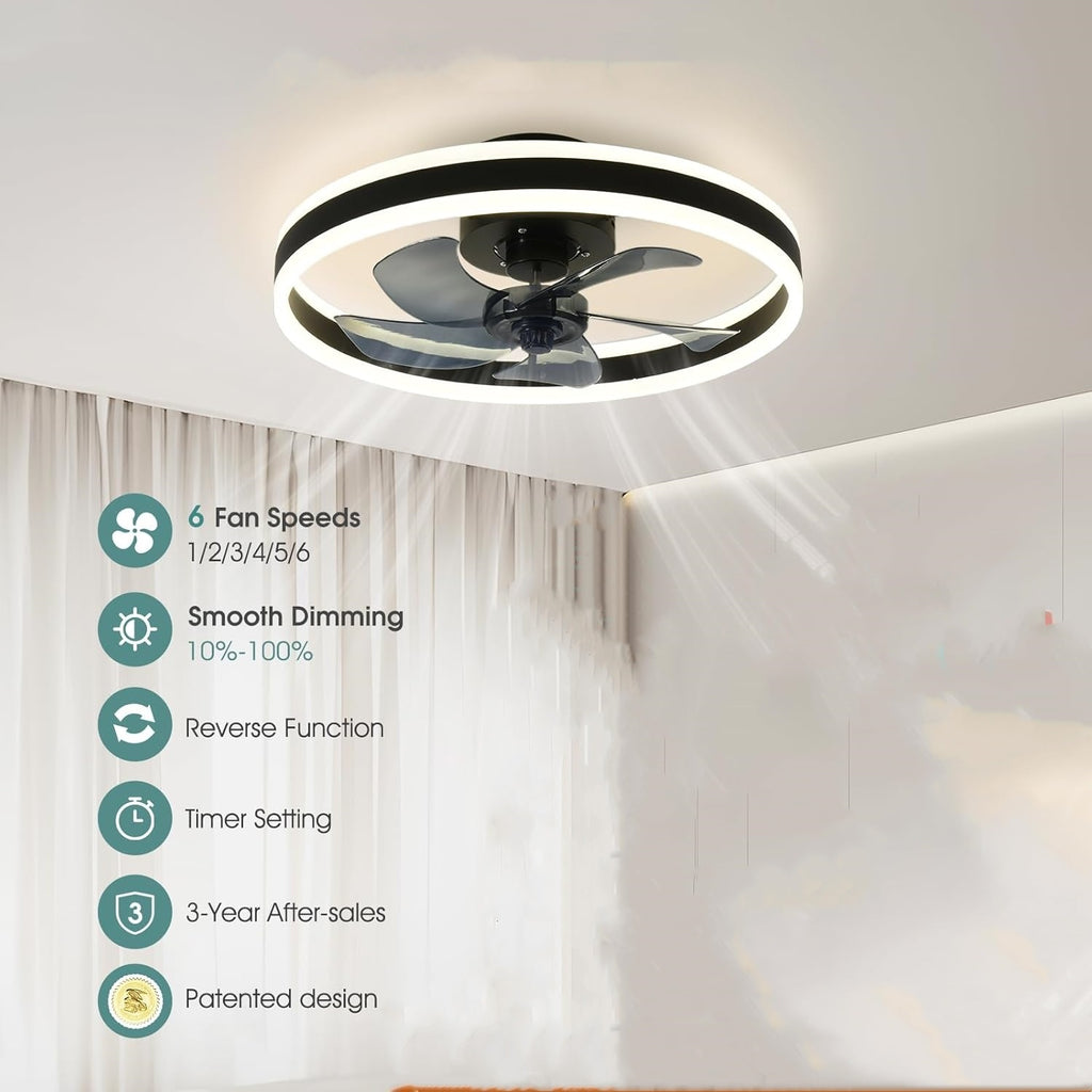 Remote Control Ceiling Fan with Light, 19.7 Inch Slim Flush Mount Fan, 3000-6000K Dimmable Modern Recessed LED Light, 6 Speed Levels, Black Ceiling Fan Lamp, Ideal for Bedroom Kids Room Living Room (Black)