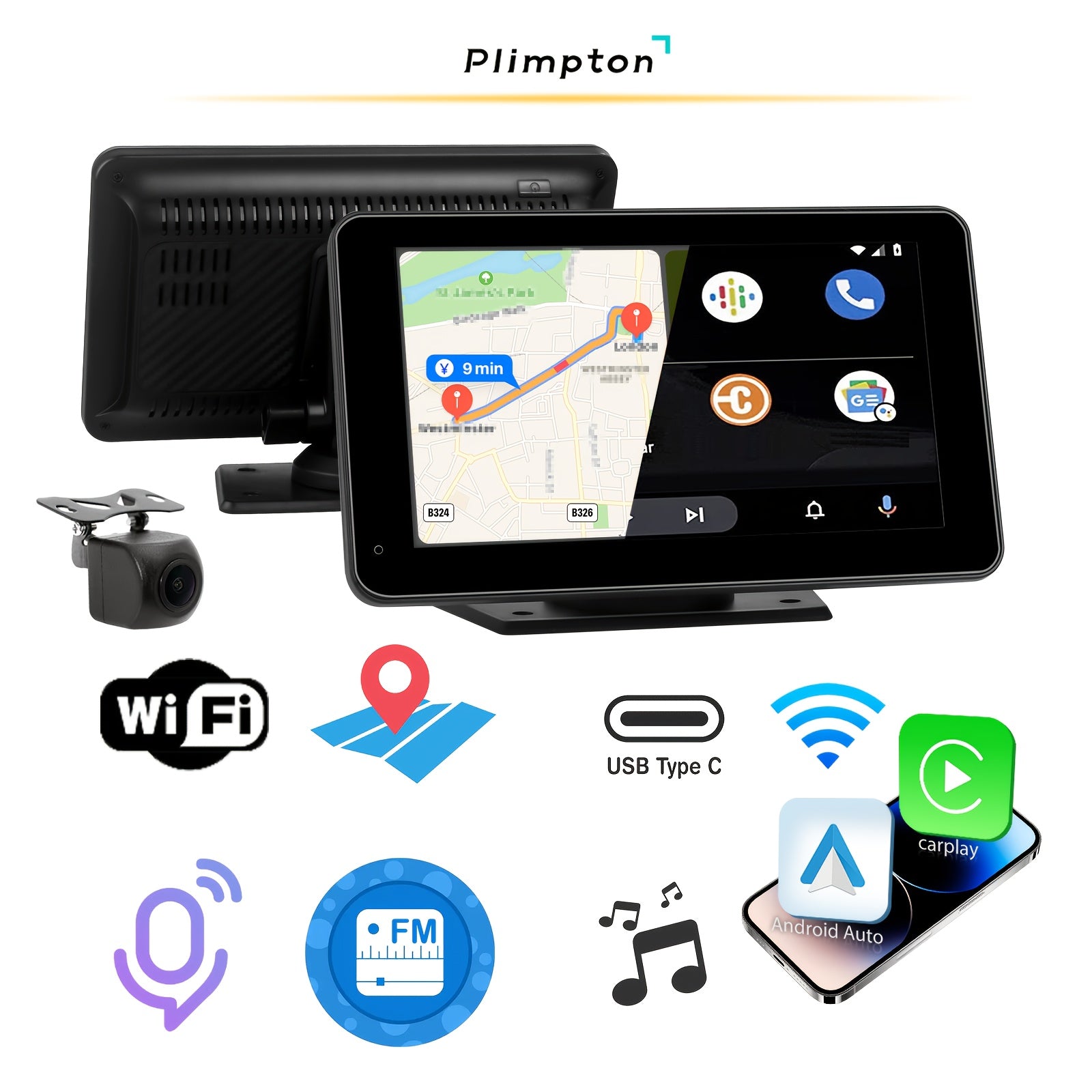 Plympton 7-Inch Portable Car Carplay Display, Android & Carplay Dual System Car Touchscreen, 2026 Portable Car Navigation System, Car Display, Multimedia Functions, Voice Control, Bluetooth Connection, Screen Mirroring