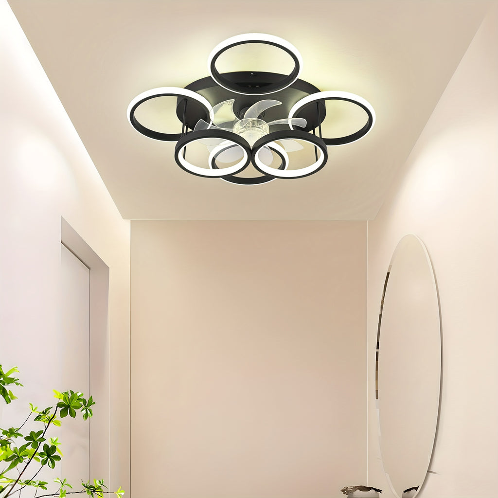 Qcyuui Modern Fan Light - Remote Dimmable LED Light, Bladeless Design, Reversible Motor, 6-Speed Silent Fan, Remote Color Temperature/Dimming, Semi-Flush Mount (24.8 Inch Black), for Living Room, Dining Room, Office