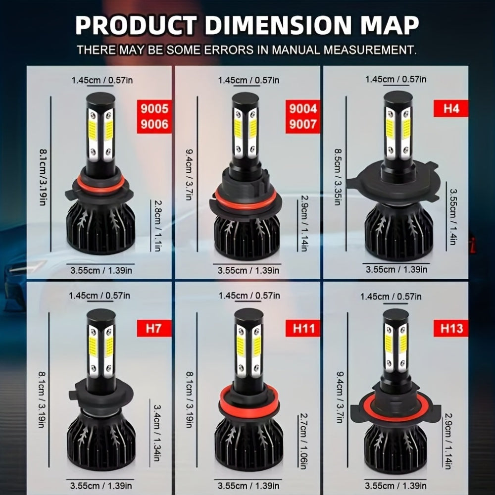 2 High/Low Beam Headlights, Luminous Intensity 30000 Lumens, 8000K Ice Blue Light, Equipped with 4 Side COB Chips, Including Models 9005/HB3, 9006/HB4, H4, H7, H11, H13, 9004 and 9007, No Battery Included
