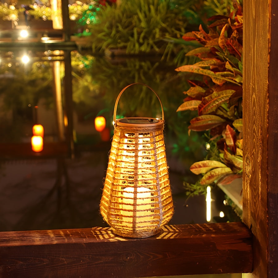 One-Piece Handwoven Jute Rope Solar Ambient Light Outdoor LED Decorative Lantern No Installation No Wiring Portable Handheld Lamp Suitable for Garden Courtyard Decoration