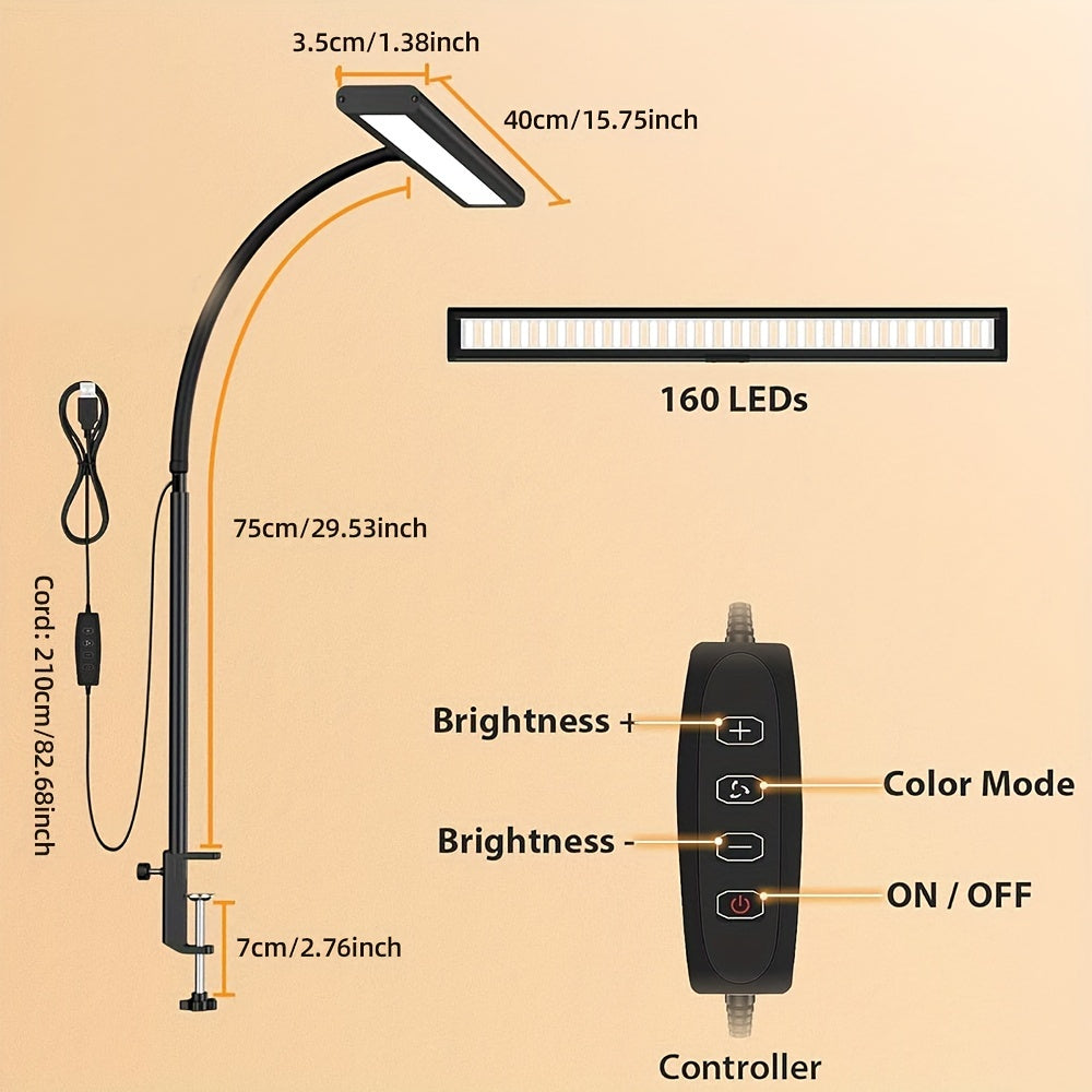 FOMZZE dimmable 160 LED desktop smart lamp, suitable for home office, with flexible gooseneck, metal rod and I-type clip book light clamp, suitable for reading, workbench, drawing, manicure, sewing, puzzles