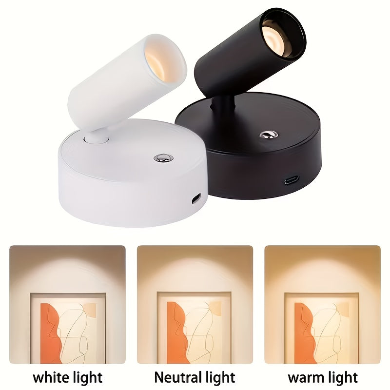 1/2-pack LED multi-functional spotlight, desktop reading light, with 3 color modes, adjustable brightness, built-in rechargeable battery, black and white two-color housing, semi-recessed wall mounting, adjustable angle and brightness