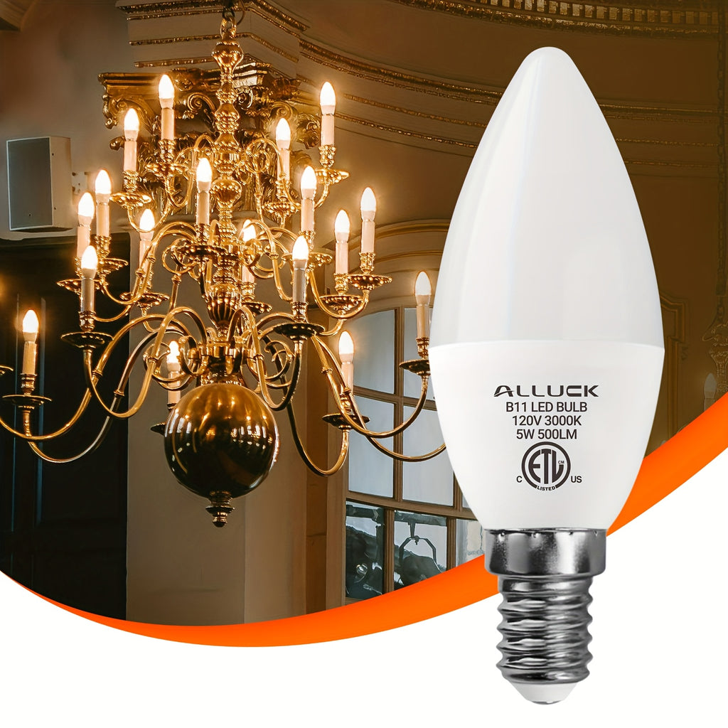 ALLU, 12-pack, B11/C37 LED candelabra bulb 5W 500 lumens (50W equivalent), E12 base, CRI 85+, 3000K/5000K/6500K color temperature, AC110-130V non-dimmable, suitable for home, bar, restaurant and hotel decoration