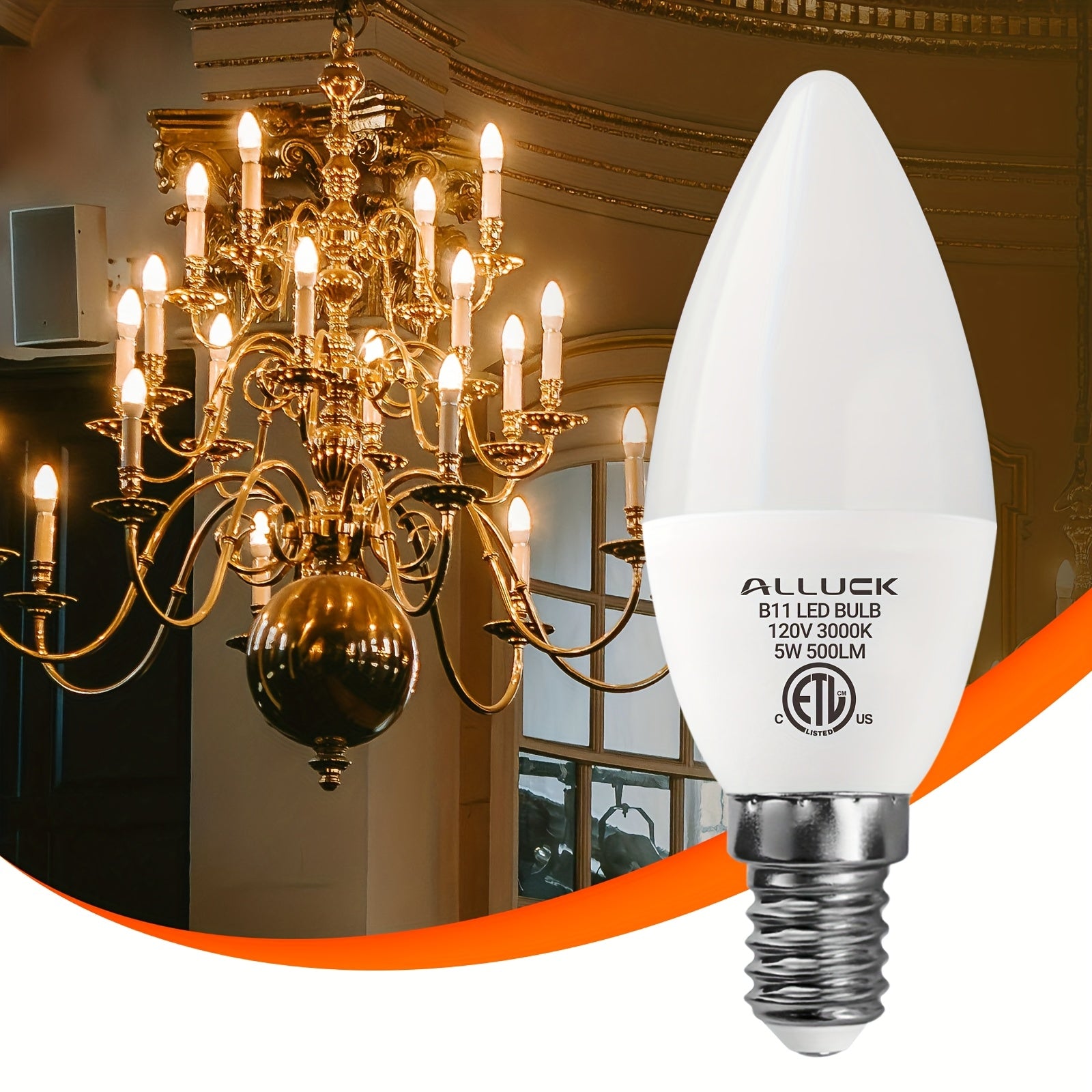 ALLU, 12-pack, B11/C37 LED candelabra bulb 5W 500 lumens (50W equivalent), E12 base, CRI 85+, 3000K/5000K/6500K color temperature, AC110-130V non-dimmable, suitable for home, bar, restaurant and hotel decoration