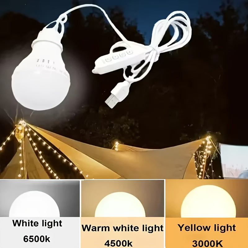USB powered 5W/7W DC5V LED camping bulb - tri-color dimmable emergency light with hook, suitable for tents, outdoor, barbecue, fishing and repair - energy-saving portable indoor/outdoor lighting, fishing night light | portable LED bulb