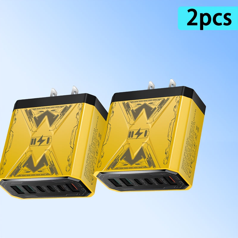 6-in-1 Fast Charger 3USB + 3Type-C Power Adapter with Indicator Light, QC3.0 Power Adapter Cube USB Wall Charger, for iPhone 17/ 16/ 15/ 13/ 13pro/ 12/ 12pro/ XR/ SE, Pro/ Mini/ Air