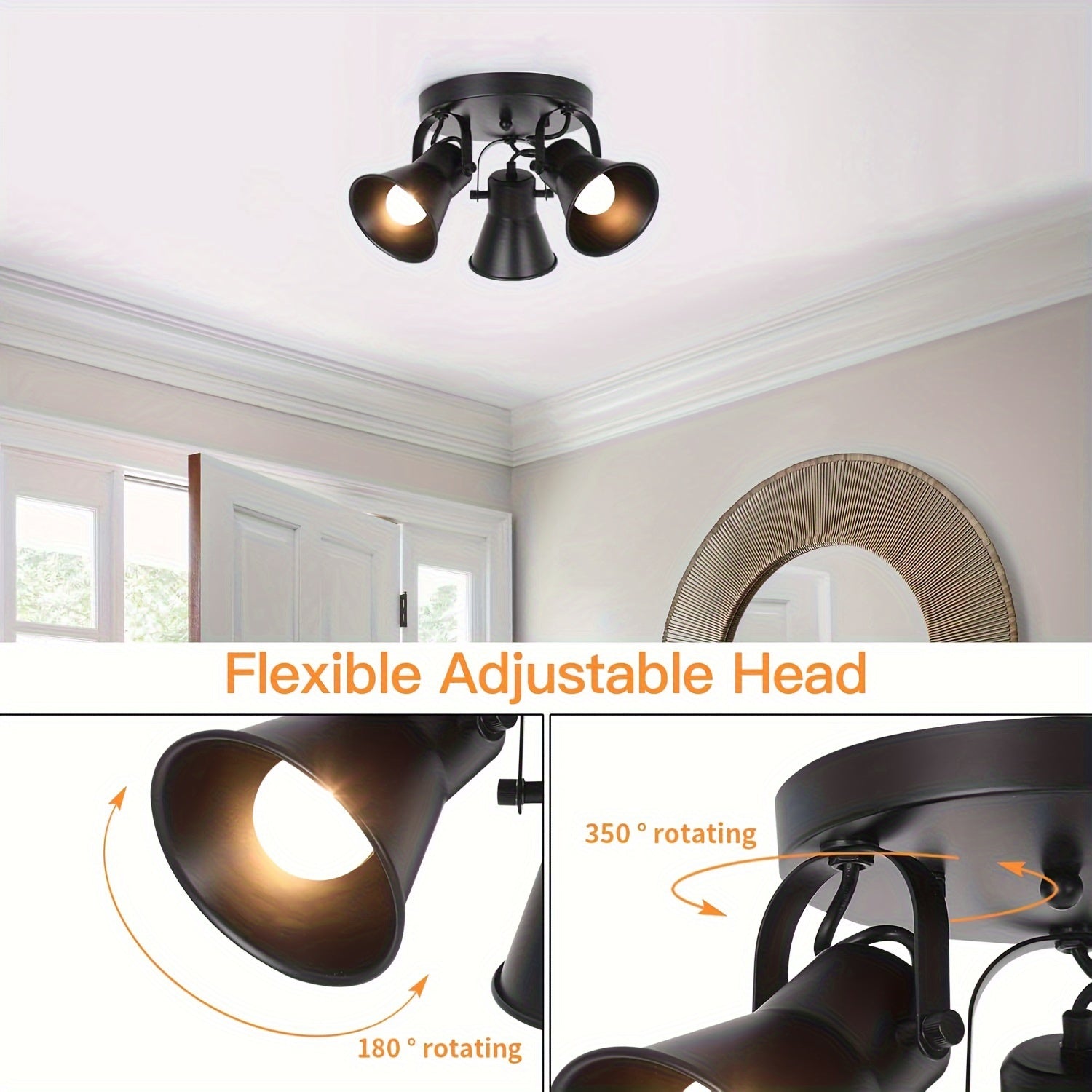 3-Light Industrial Track Light, Adjustable Round Kitchen Ceiling Light, Modern Black Recessed Directional Light, Suitable for Kitchen, Hallway, Dining Room, Bathroom, Coffee Bar