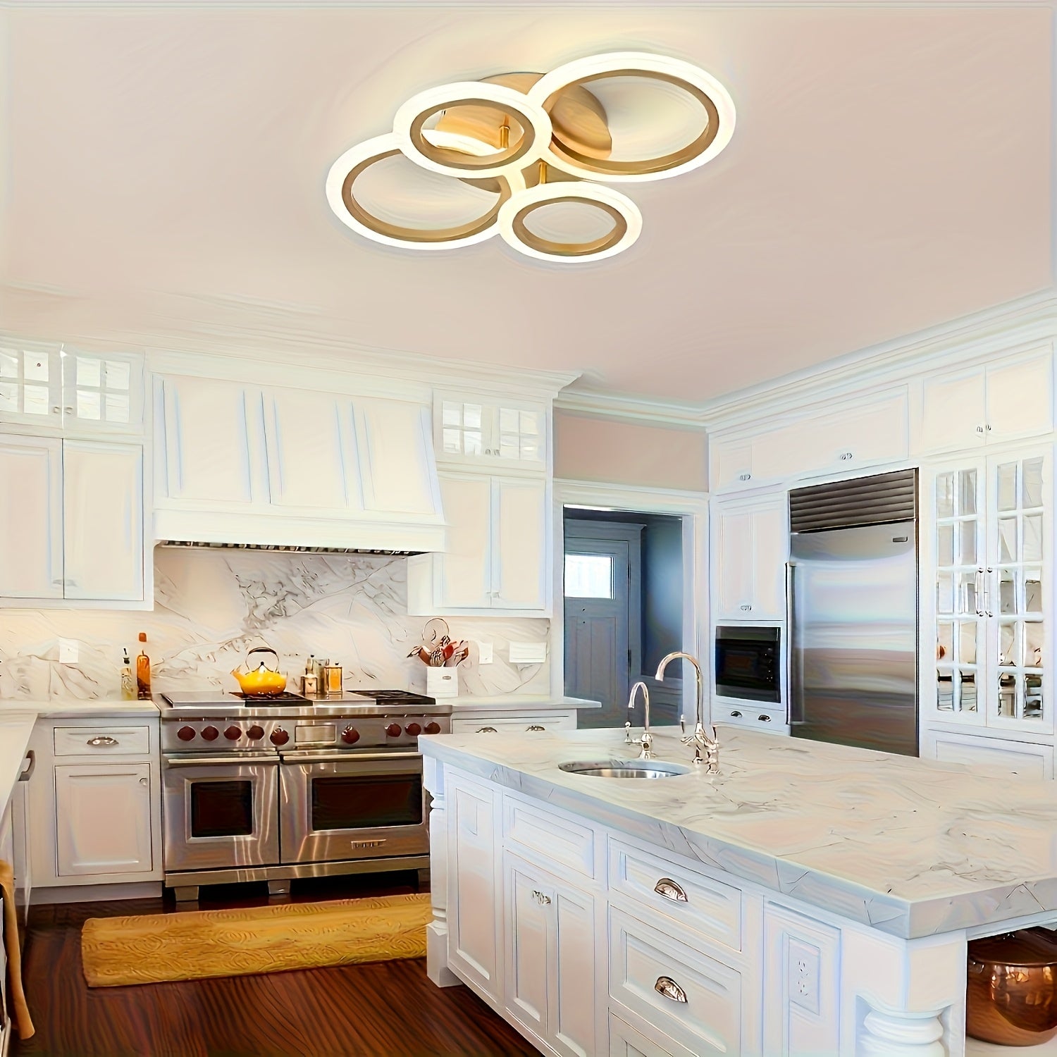 1pc-4 ring LED ceiling light, modern LED ceiling fixture, warm light, metal ceiling mount with detachable clips, suitable for kitchen, bedroom, living room, laundry room - mounting hardware included