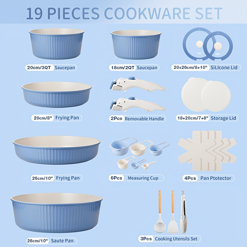 19-Piece Non-Stick Cookware Set with Removable Handles, Non-Stick Pots and Pans for Home Cooking, Kitchen Cookware Set Compatible with Induction Cooktops and Oven Safe
