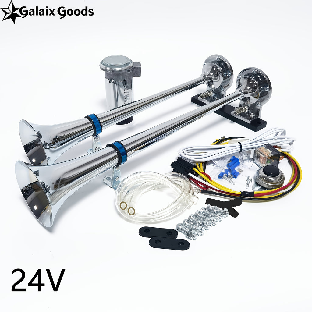 Silver 17-Inch Dual Trumpet Air Horn Set 12/24V Air Horn Zinc Alloy Marine Horn, Suitable for Boats, Sailboats, Yachts, Trucks, SUVs, RVs and More