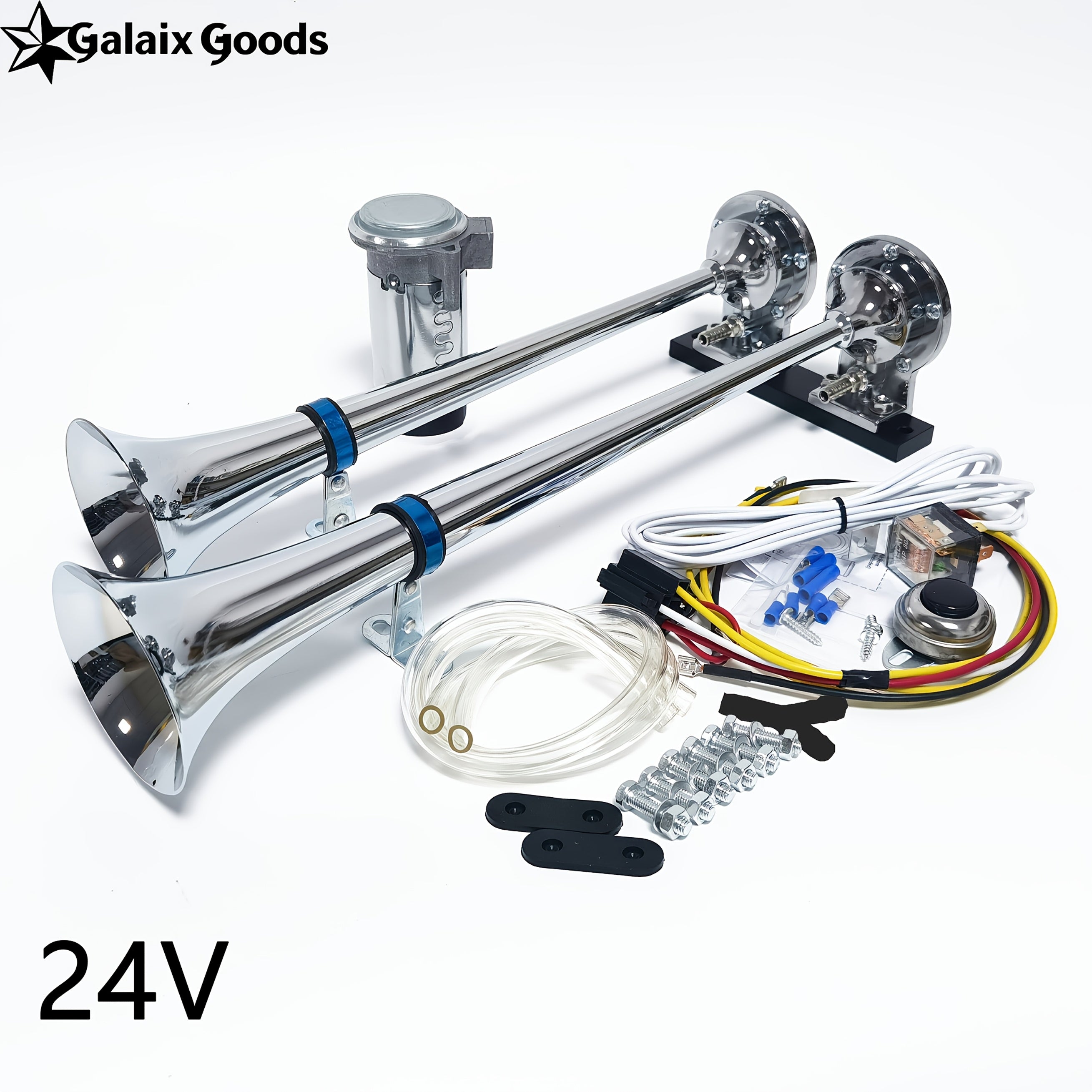 Silver 17-Inch Dual Trumpet Air Horn Set 12/24V Air Horn Zinc Alloy Marine Horn, Suitable for Boats, Sailboats, Yachts, Trucks, SUVs, RVs and More