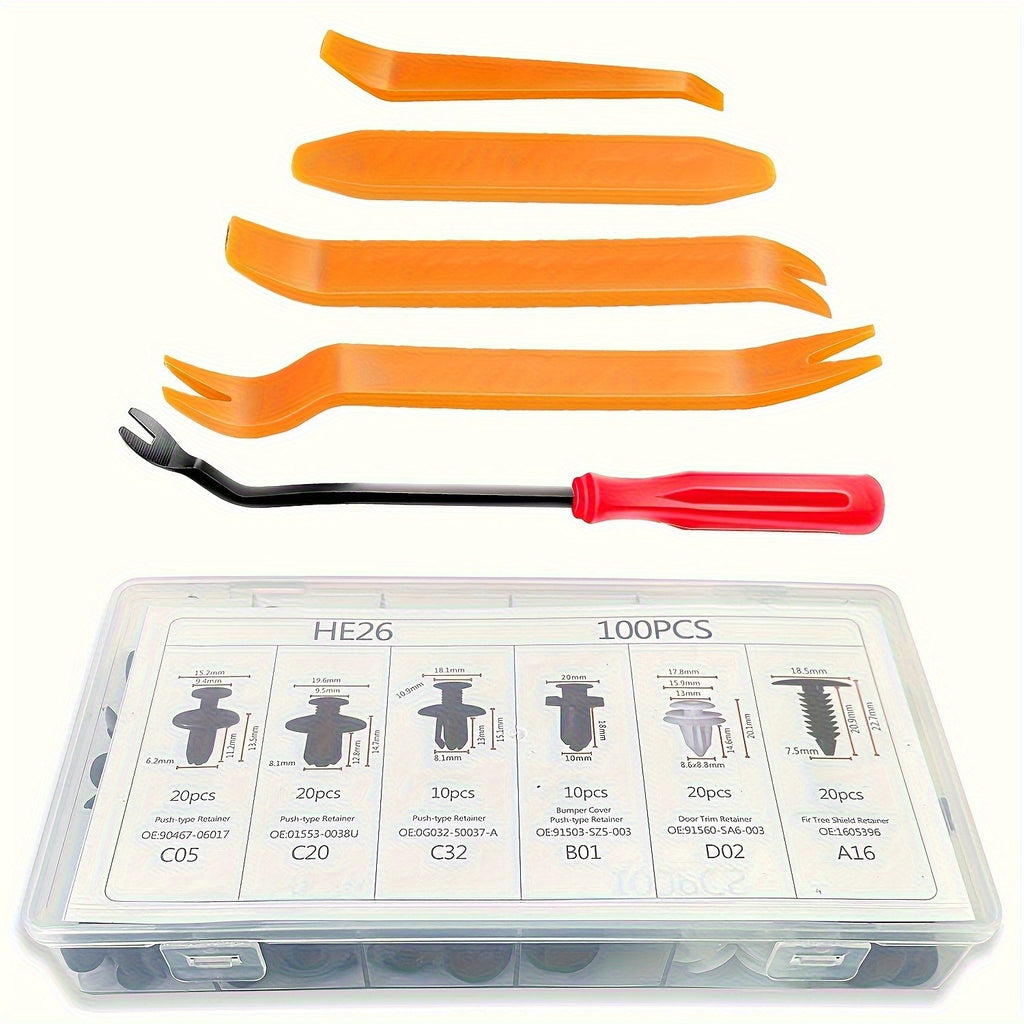 105件套汽车紧固件，含拆卸工具，采用通用尼龙塑料铆钉和卡扣，适用于车门面板和车辆装饰件维修