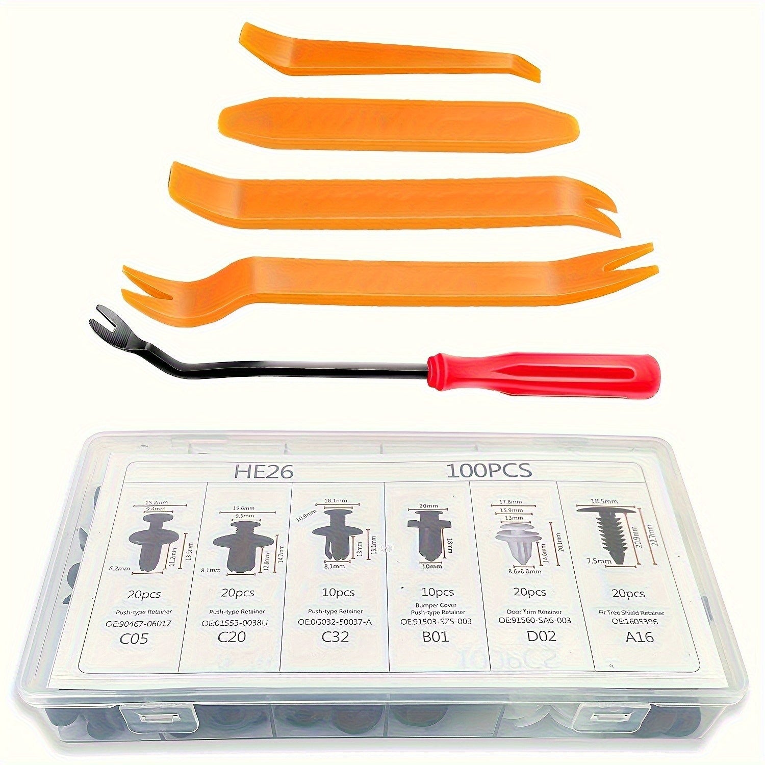 105件套汽车紧固件，含拆卸工具，采用通用尼龙塑料铆钉和卡扣，适用于车门面板和车辆装饰件维修