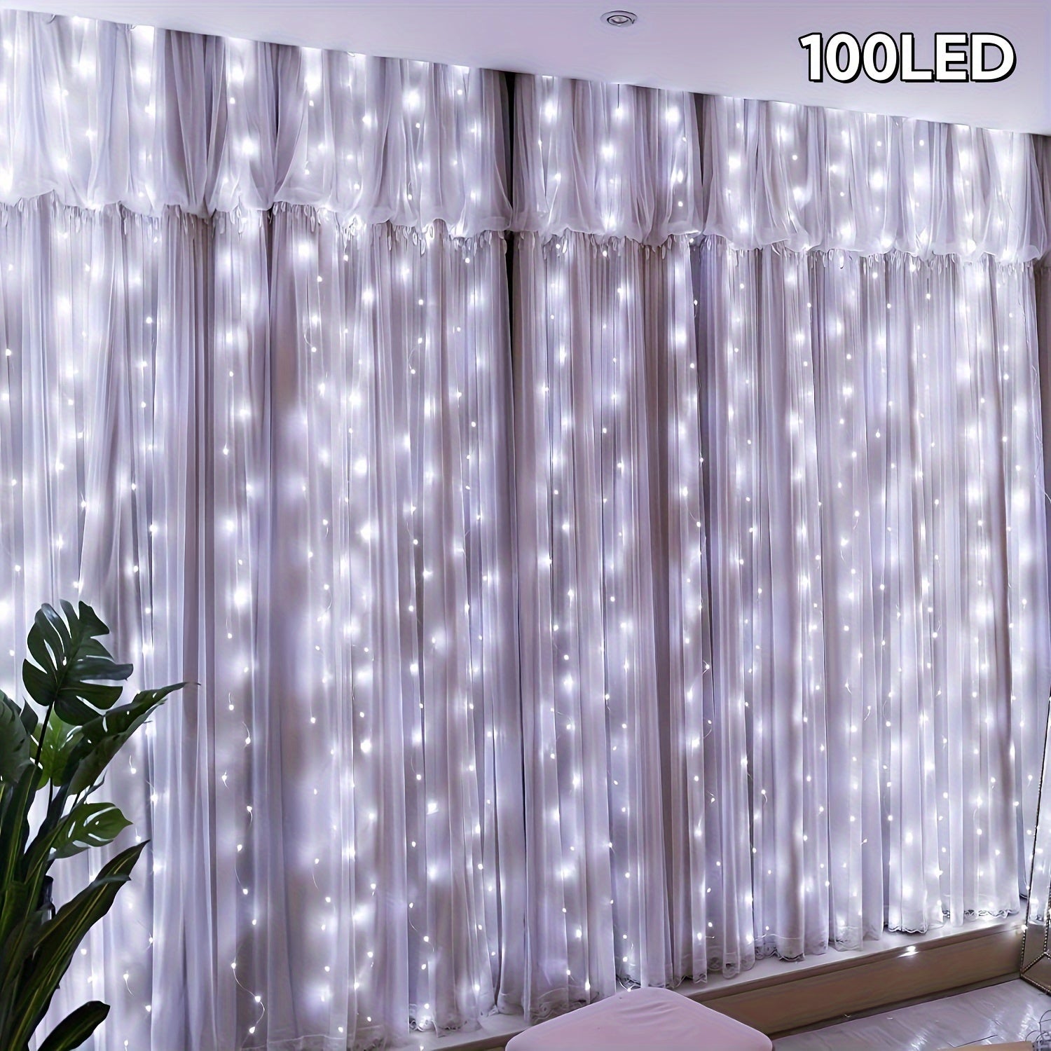 Ledoor 提供一套窗帘灯，包含 100、200 或 300 个 LED，适用于卧室。这些暖光灯有 3.3、6.5 或 9.8 英尺 x 9.8 英尺的尺寸可选。它们具有 8 种不同的照明模式，并包括一个遥控器。这些 USB 供电灯具。