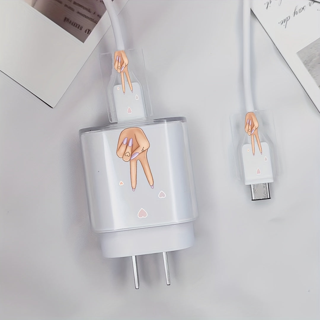 3pcs Set Scissor Hand Heart Pattern, TPU Transparent Charger Protector, Compatible with SAMSUNG Galaxy, 25W Charging Cable and Wall Charger Protection Kit, with Cable Organizer for Gift