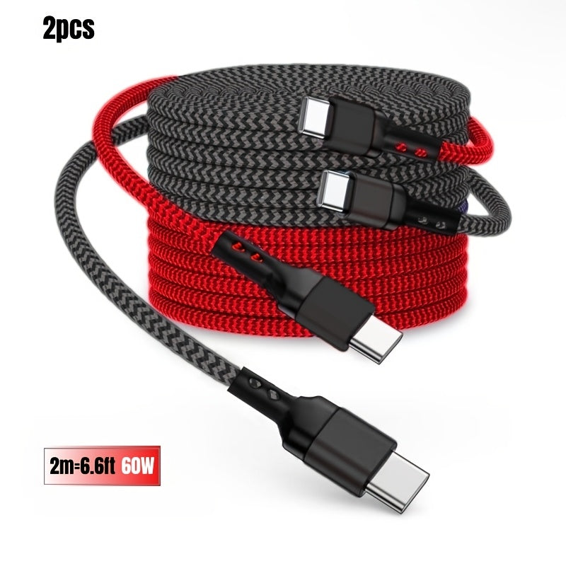 A Set of Two 60W Super Fast Charging Type C to Type C Data Cables, Suitable for Devices Like Samsung, Iphone 15/16, Macbook/Ipad, Xiaomi, And More